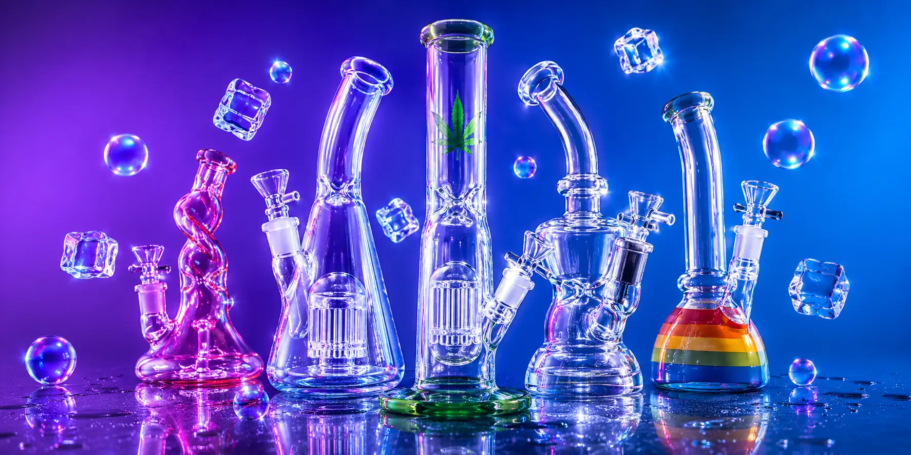 Colorful glass water pipes and rigs