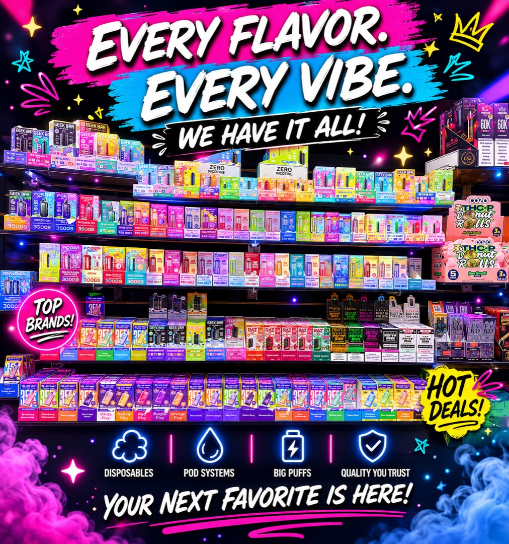 Disposable vape and e-juice wall at Vapex Smoke Shop McKinney